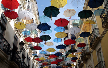 Sky, City, Miscellanea, Miscellaneous, Multicolored, Motley, Flight, Umbrellas HD wallpaper