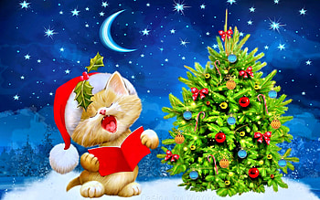 CUTE CHRISTMAS, kitten, season, holiday, moon, snow, stars, tree, cutie HD wallpaper