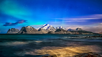 Nordland Norway, norway, mountains, snow, mountain, sea, ocean, lake, aurora, sky, nature HD wallpaper