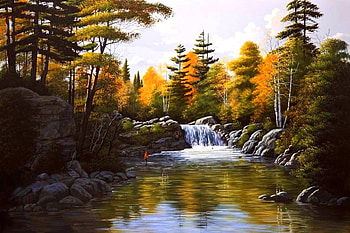 Autumn Waterfall, fishing, attractions in dreams, forests, paintings, waterfalls, love four season, trees, autumn, nature, fall season HD wallpaper