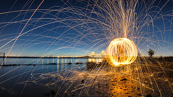 Gold lights, Fireworks graphy, Night lights, Ocean bridge HD wallpaper