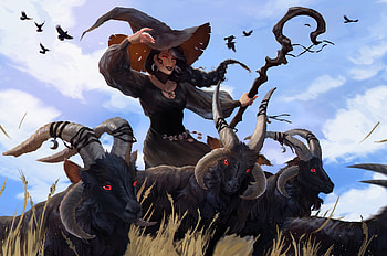 Witch, melmorgan, hat, goat, blue, animal, art, girl, dark, halloween, fantasy, m e l morgan HD wallpaper