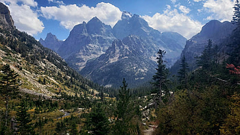 Grand Teton National Park, Wyoming, rocks, usa, clouds, trees, landscape, sky HD wallpaper