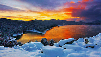 Sunset at Pactola Lake, South Dakota, winter, snow, clouds, landscape, sky, water, reflections, usa, colors HD wallpaper