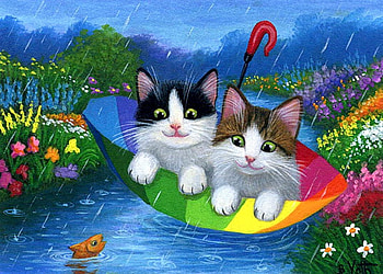 Rainy Day Fun, artwork, kitten, umbrella, painting, flowers, fish, water HD wallpaper