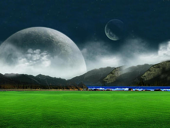 Moon, abstract, sky, grass, mountains, water HD wallpaper