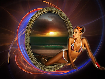 beach, sexy, fractal, woman, sunset HD wallpaper