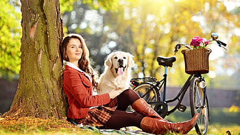 Happy Times, dog, trees, girl, pretty HD wallpaper