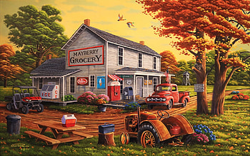 Mayberry Grocery, artwork, painting, house, car, trees, tractor, vintage HD wallpaper