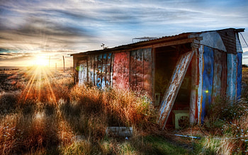 abandoned tin shack at sunrise r, weeds, abandoned, tin, r, shack, grass, sunrise HD wallpaper