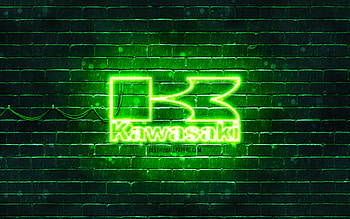 Kawasaki green logo, , green brickwall, Kawasaki logo, motorcyles brands, Kawasaki neon logo, Kawasaki HD wallpaper