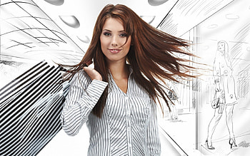 brunettes women, wind hair, shoping, white, smile, bags HD wallpaper