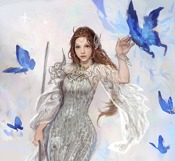 Butterfly princess, blue, seunghee lee, white, frumusete, fantasy, luminos, girl, hand HD wallpaper