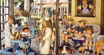 The front porch vet, dog, animal, children, art, susan brabeau, cat, people, pisici, painting, pictura, caine, child HD wallpaper