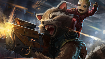 Baby Groot and Rocket raccoon, Movie artwork HD wallpaper