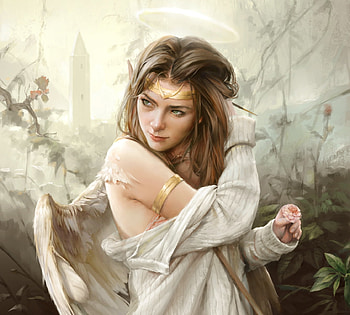 Angel in the garden, sutthiwat dechakamphu, wings, fantasy, art, garden, luminos, angel, girl HD wallpaper