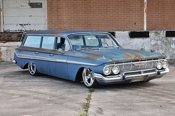 1961-Chevy-Nomad-Chevrolet-Wagon, Bowtie, Blueish, Classic, Rust HD wallpaper