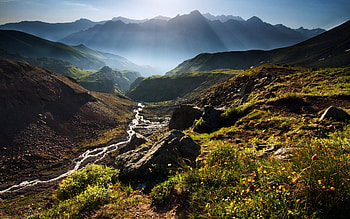 Stream between mountains, beautifully, nature, mountains, rivers HD wallpaper