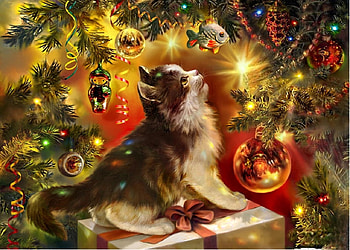 A Dream for Christmas, decorations, cat, Christmas, tree HD wallpaper