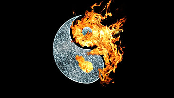 Flaming taijitu, black, ying, yang, tao, orange, fire HD wallpaper