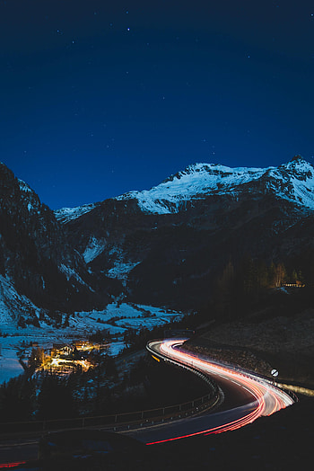 Night, Snow, Lights, Mountain, Dark, Road HD phone wallpaper