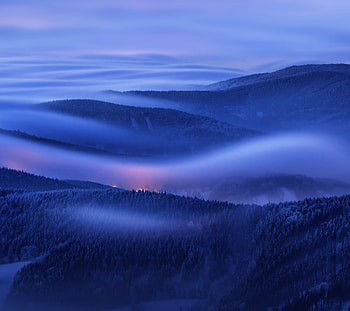 Mountains, foggy morning, sunrise, horizon, Huawei Mate 10, stock HD wallpaper