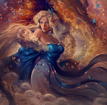 Autumn, blue, indi creates, art, fantasy, girl, elf, orange, toamna HD wallpaper