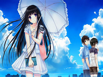 Who Is That??, Blue Sky, Anime, Original, Looking, Black Hair, Cute, Girl, kazuharu kina, Sweet, Boy, Umberela, Purple Eyes, Another Girl, Long Hair HD wallpaper