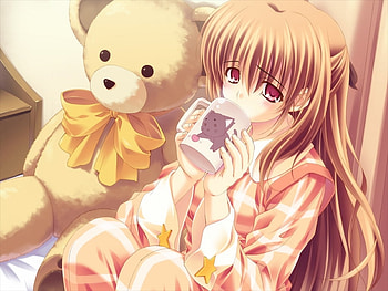 Mai, ribbon, cute, sleepy, girl, cat, long hair, cup, orange, kawaii, teddy bear, neko, anime, drink, bow HD wallpaper