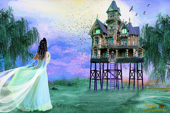 Magnificent of Magic House, winter, holidays, magic, model, house, magic house, colors, girl, digital art, woman, fantasy, manipulation, cool, flying birds, xmas and new year HD wallpaper