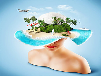 Tropical island, Palm trees, Travel, Beacg, Woman, Hat HD wallpaper