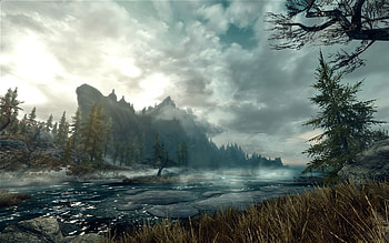 Skyrim, trees, sky, water, scenic HD wallpaper