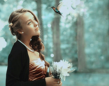 What news brings you to me ?, bird, girl, lovely, forest, beauty HD wallpaper