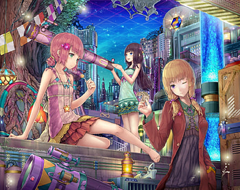 Anime, night, skirt, place, girls, female HD wallpaper