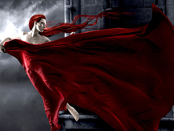Red wind, black, air, dress, hair, beautyful, woman, dark HD wallpaper