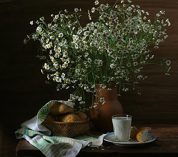 Spring Daisy, milk, table, bouquet, tea towel, floral, vase, cup, country, spring, daisies, basket, bunns, flowers, saucer HD wallpaper