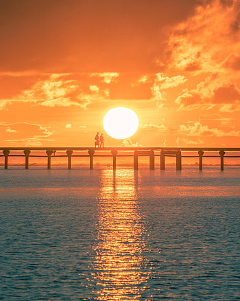 Sea, Nature, Sunset, Sun, Glare, Silhouette, Bridge HD phone wallpaper