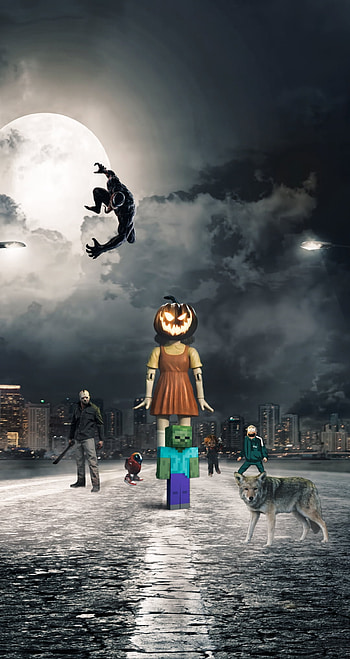 Halloween, sky, among us, squid game, wolf, night, juego del calamar, cloud, Venom, noche de brujas, jasson, Jason, noche, Chuky HD phone wallpaper