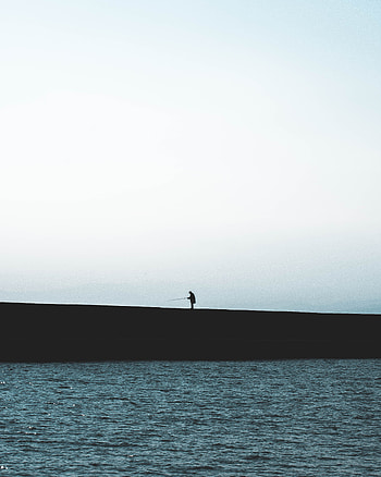 Sea, Shore, Bank, Dark, Silhouette, Minimalism, Fisherman HD phone wallpaper