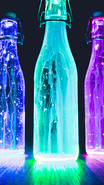 Colorful Glowing Glass Bottles, bottles, glass, glowing, colorful, lights HD phone wallpaper