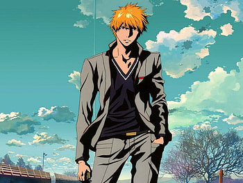 Kurosaki Ichigo, Short Hair, Bleach, Orange Hair, Blue Sky, Anime, Cool, Boy, School Uniform, Brown Eyes HD wallpaper