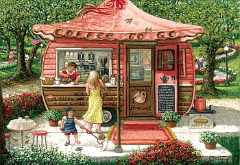 The Coffee Shoppe, people, artwork, table, chairs, caravan, painting, child HD wallpaper