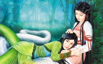 Green Snake, landscape, snake, girl, green HD wallpaper