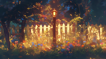 Enchanting Garden Fence, fence, garden, lantern, flower HD wallpaper