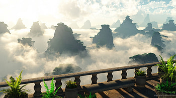 balcony over islands in the clouds, clouds, trees, balcony, peeks HD wallpaper