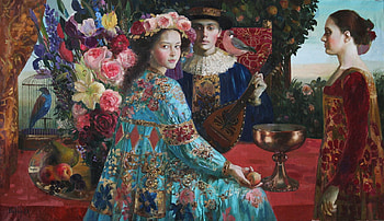 :), art, painting, man, pictura, girl, olga suvorov, woman, blue, people, flower HD wallpaper