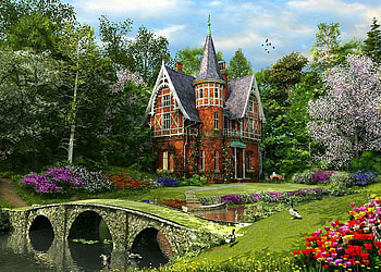 Cobbled Bridge Cottage, artwork, river, ducks, painting, house, trees, flowers, spring HD wallpaper