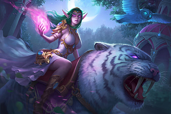 Tyrande Whisperwind, blue, tiger, bird, owl, elvira shatunova, pink, fantasy, wow, luminos, pasari HD wallpaper