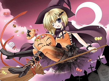 cartoon witch, halloween, cartoon, anime, moon, colors, pumpkin, witch HD wallpaper
