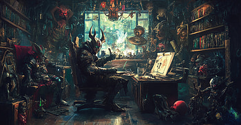 Armored creature in his art studio, devil, dark, fantasy creatures HD wallpaper